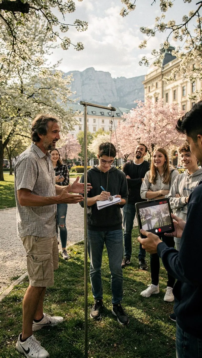 Ein Lehrer, der eine Demonstration zur Mechanik durchführt, während Studenten aufmerksam zuschauen.