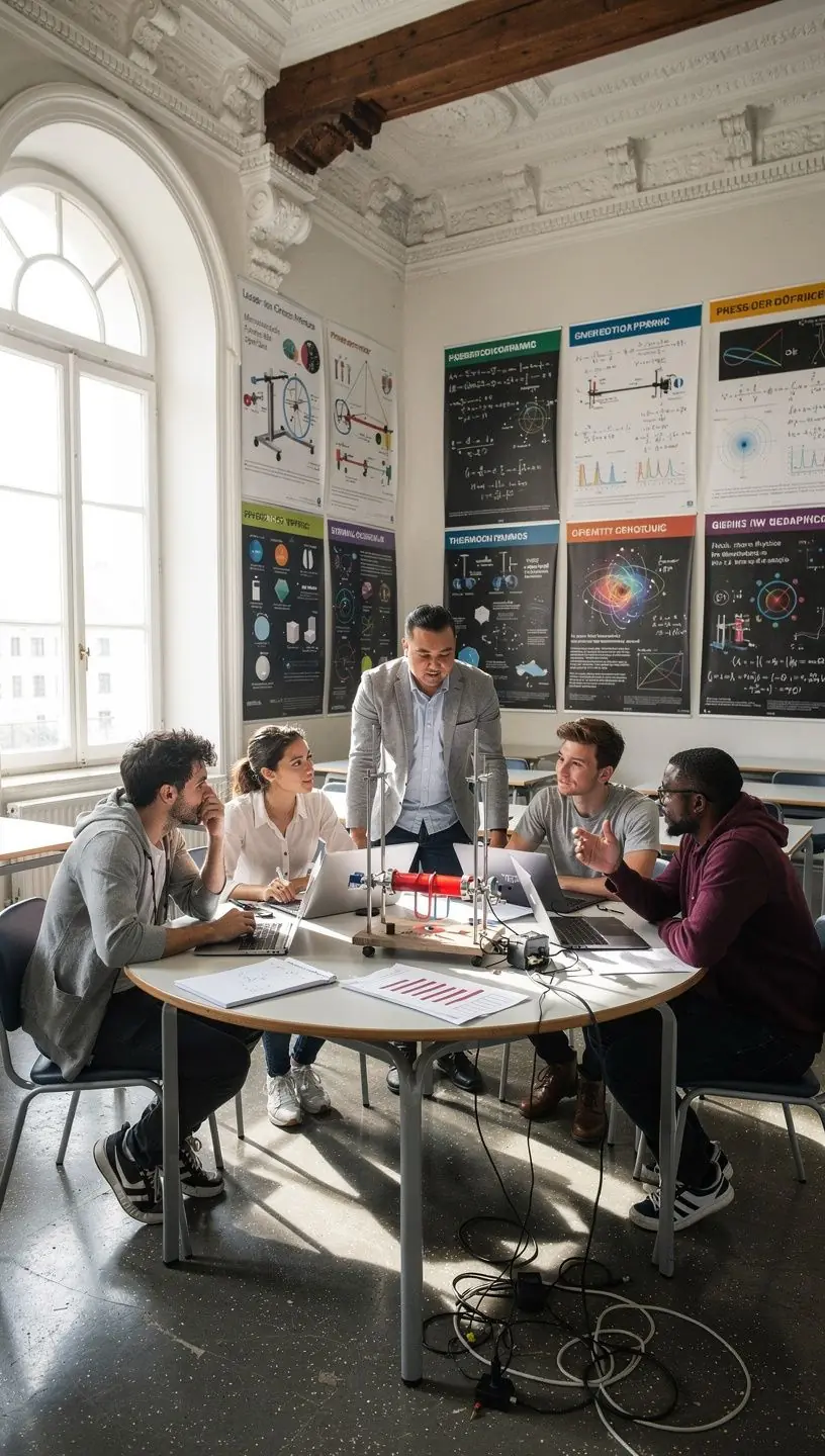 Ein Diagramm, das die Gesetze der Thermodynamik mit Illustrationen von Energieumwandlungen darstellt.